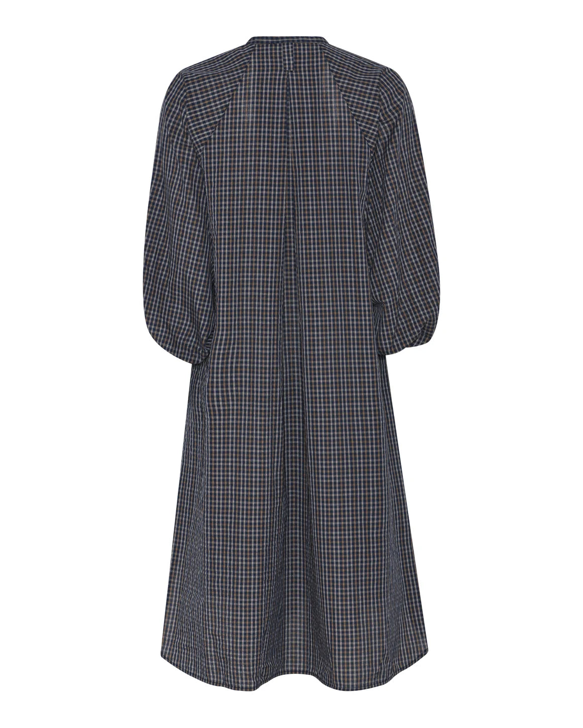 Louise Shirtdress i Navy Checks fra La Rouge i 100% bomuld med A-formet pasform og 3/4-lange pufærmer – køb hos butikalrum.dk.