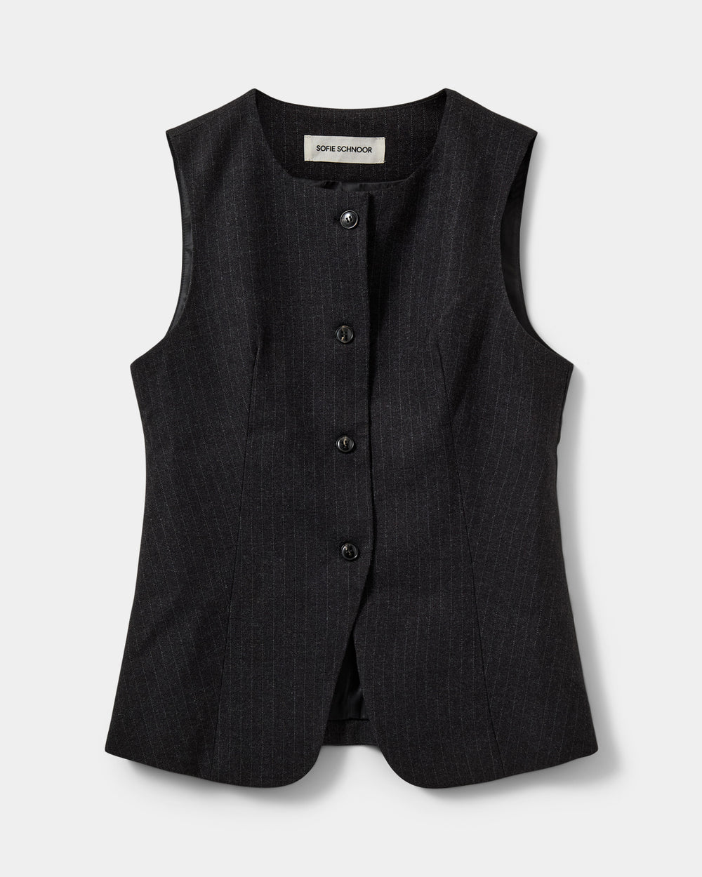 Sort nålestribet vest fra Sofie Schnoor – klassisk fit med knaplukning og figursyet design