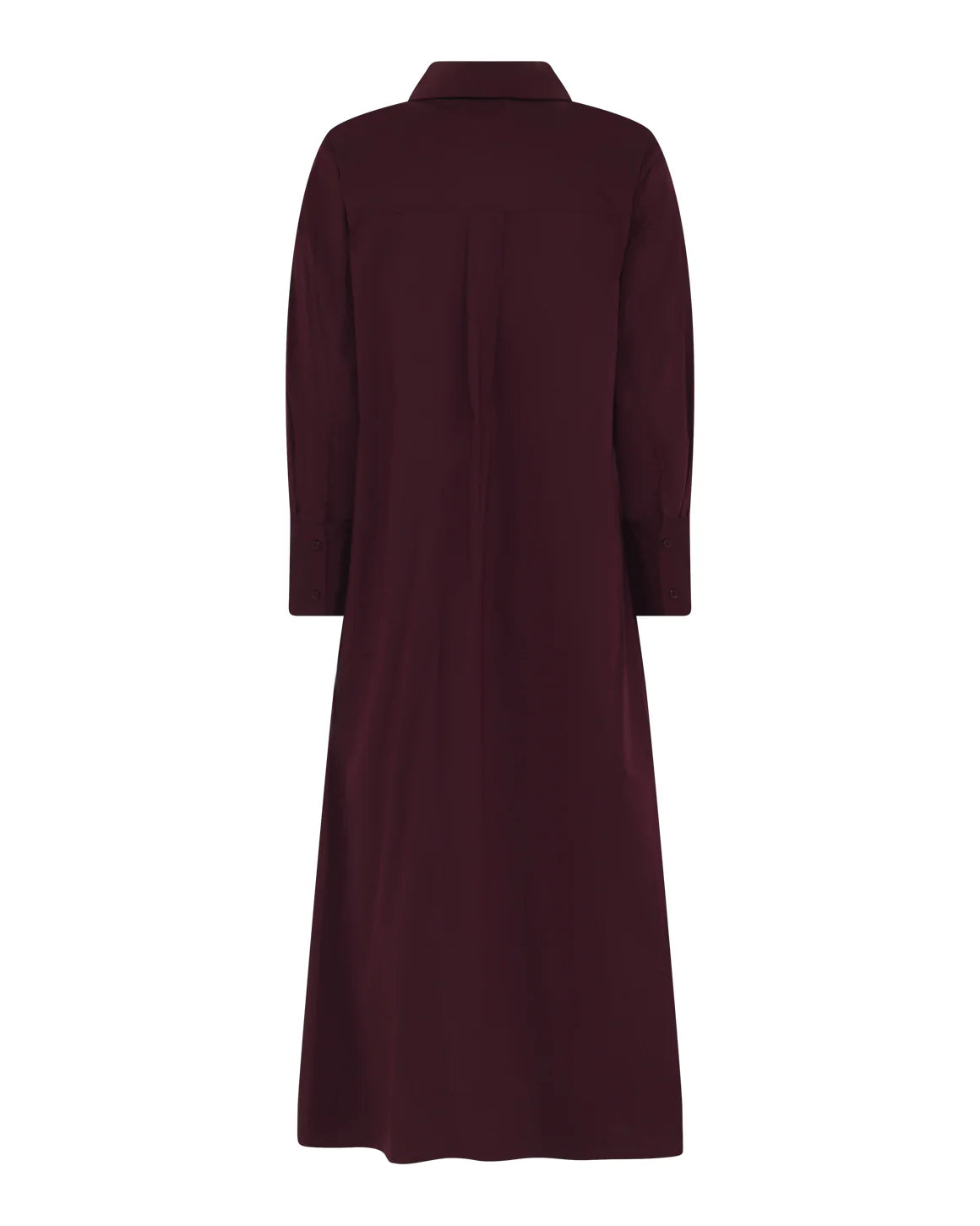 Kamilla Shirt Dress i farven wine – en langærmet skjortekjole med stolpelukning, klassisk krave og brede manchetter, fremstillet i let bomuldspoplin med stræk.