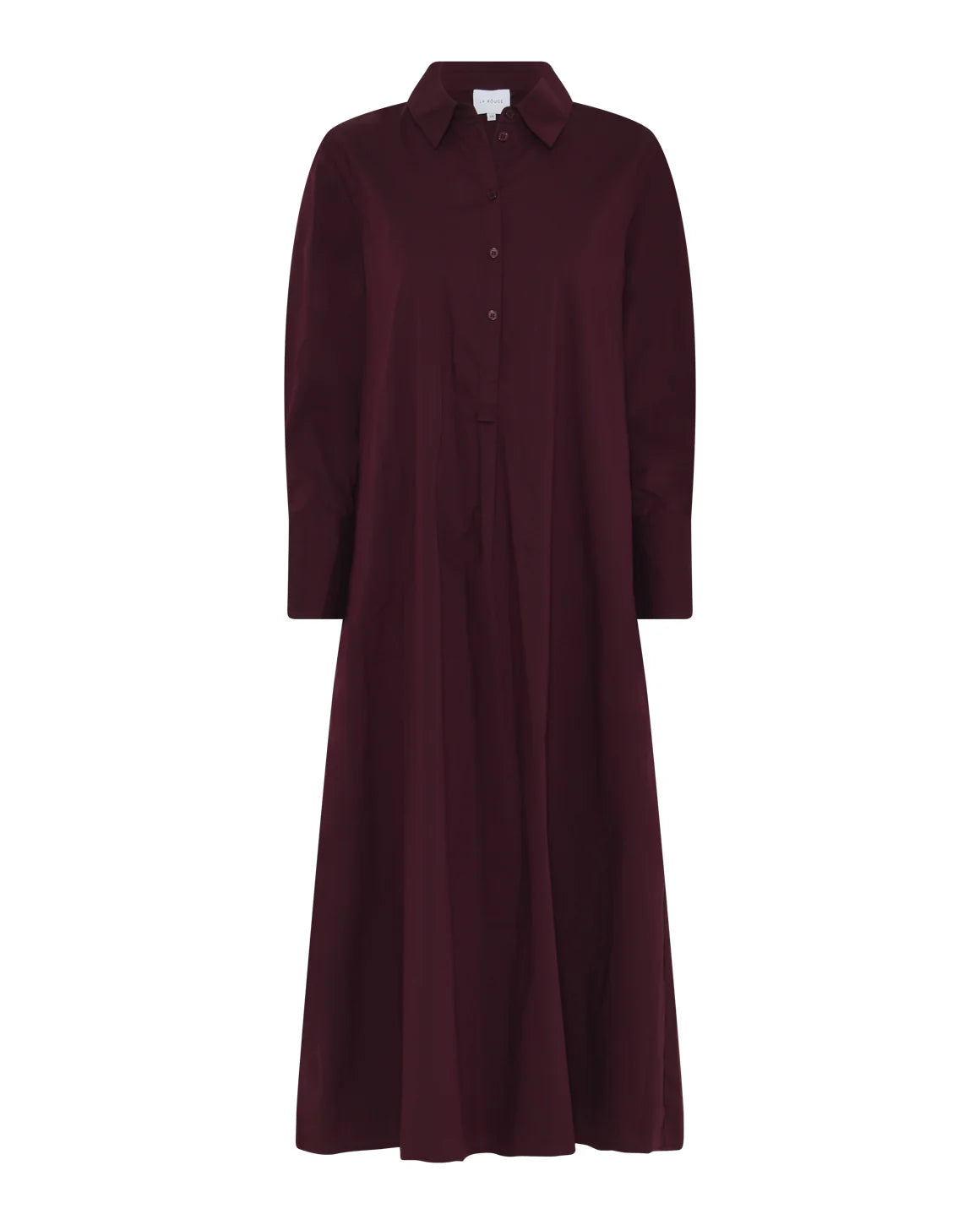 Kamilla Shirt Dress i farven wine – en langærmet skjortekjole med stolpelukning, klassisk krave og brede manchetter, fremstillet i let bomuldspoplin med stræk.