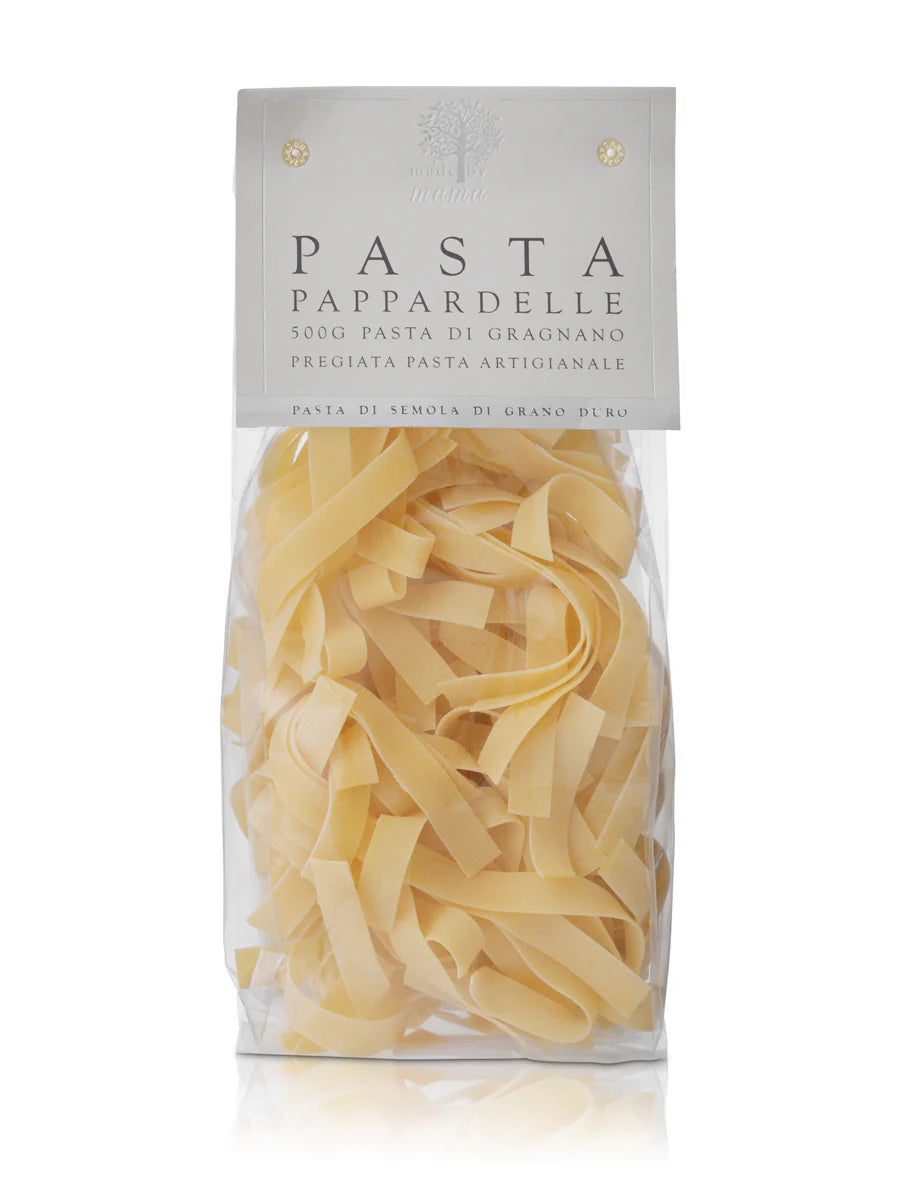 Pappardelle pasta fra Gragnano – bred italiensk pasta med naturligt bid, ideel til kødsauce og svampesauce.