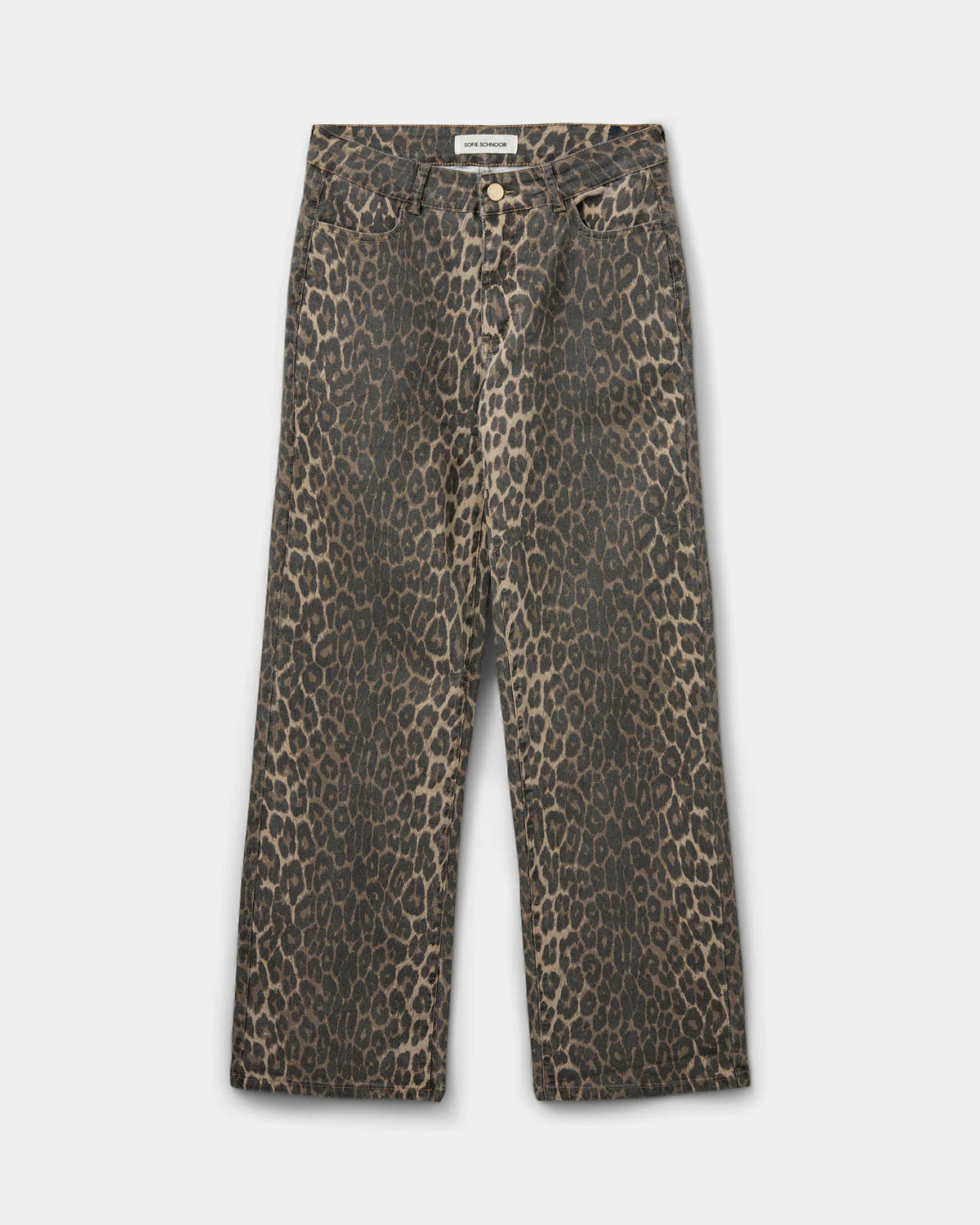 Leopardprintede bukser med relaxed fit, mid waist, lynlås- og knaplukning i stretchkvalitet.