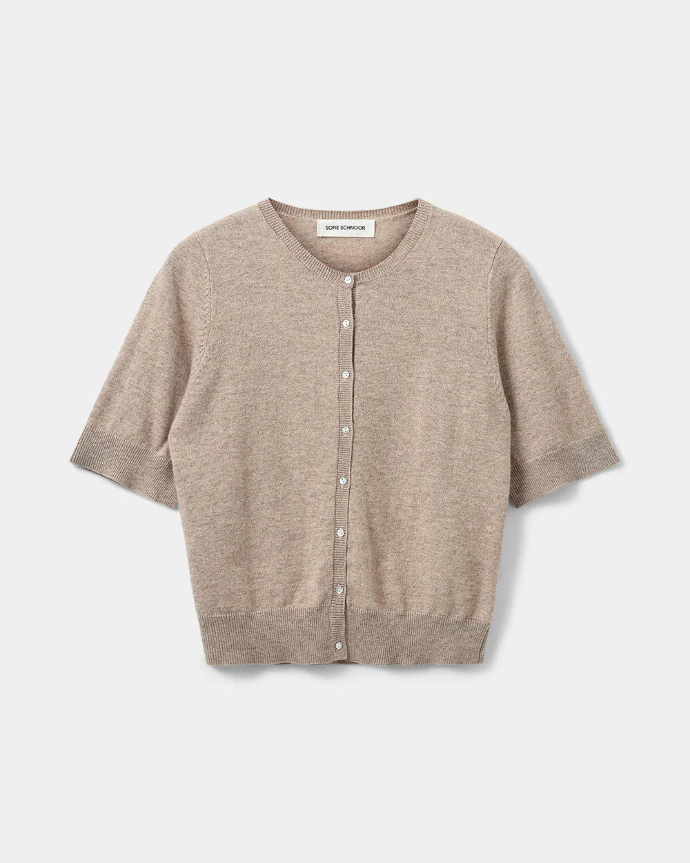 Sofie Schnoor kortærmet cardigan i brown melange med knapper foran – fremstillet i 100% uld