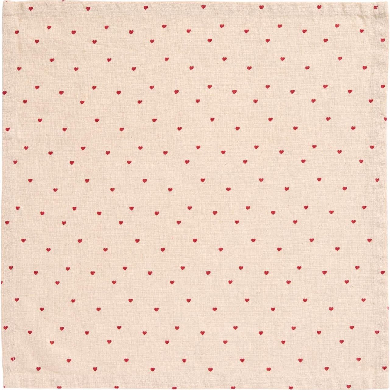 Bomuldsstofserviet “Valentin” i naturfarve med røde hjerter, ideel til borddækning