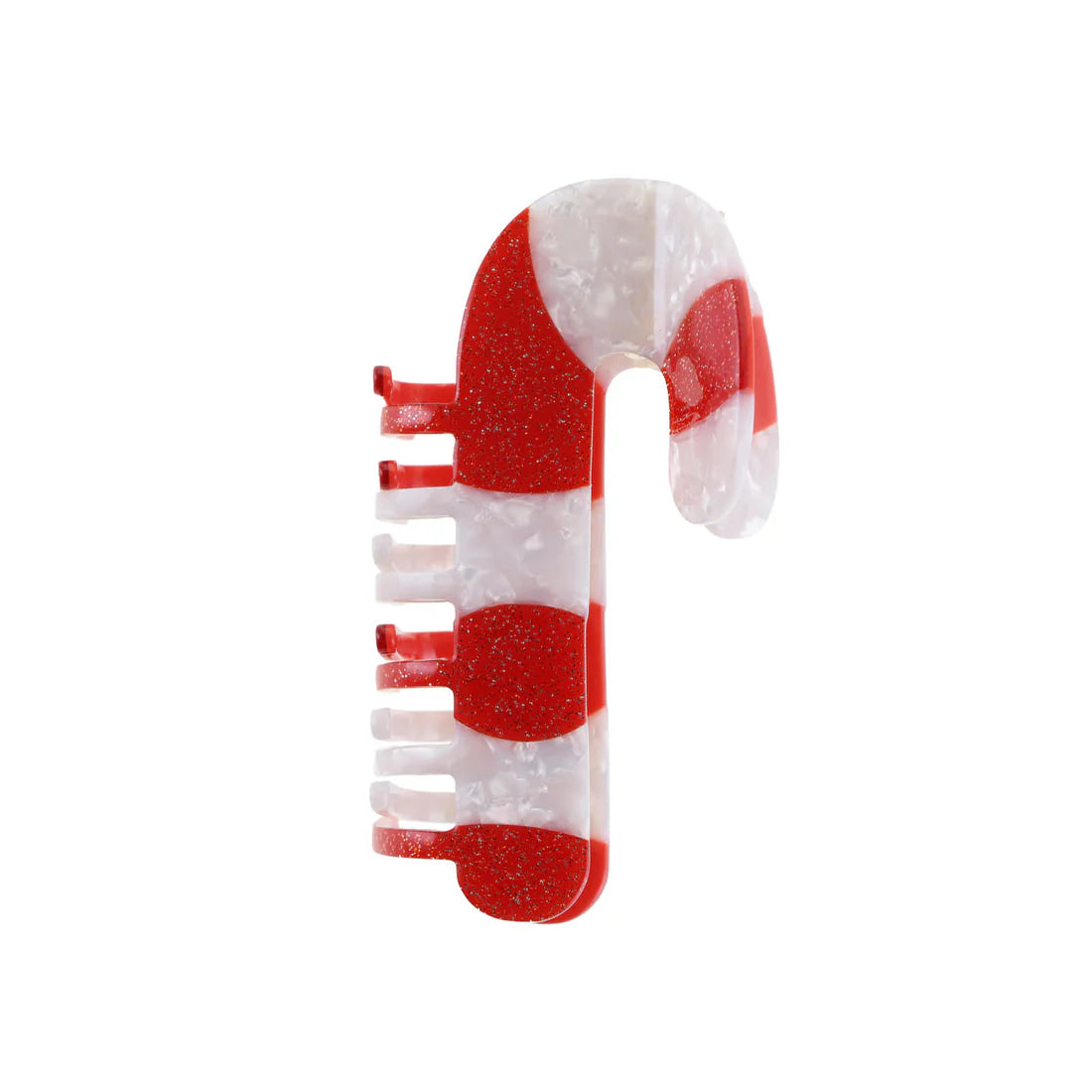 Hårklemme i hvid og rød med sukkerstok-design, lavet af acetat, perfekt til julehår og festlige looks