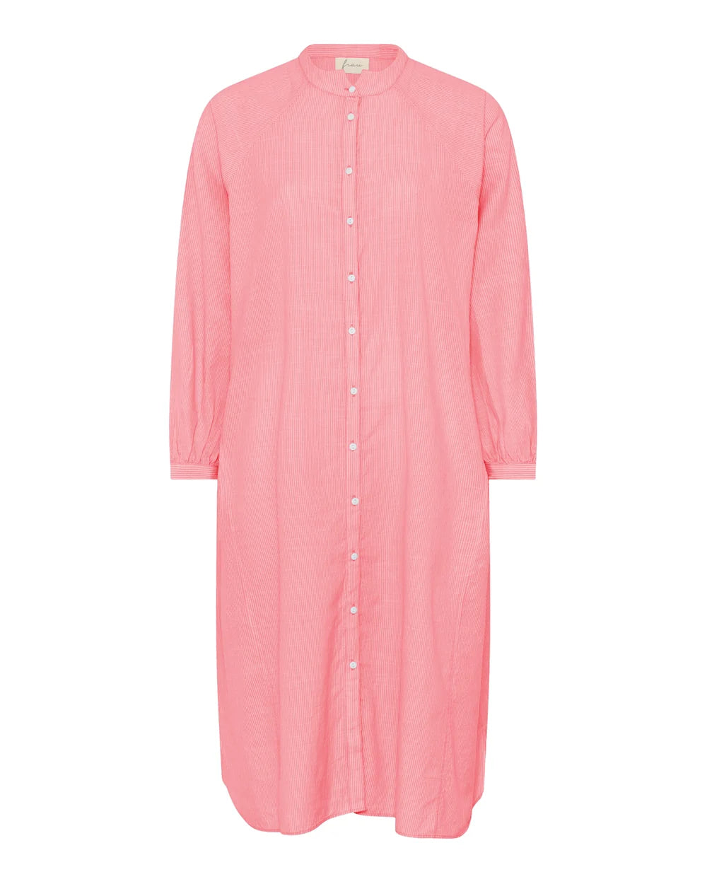 Tokyo Long Dress i Hot Coral Stripe med raglanærmer, masser af volume og gennemgående knaplukning – køb hos butikalrum.dk.