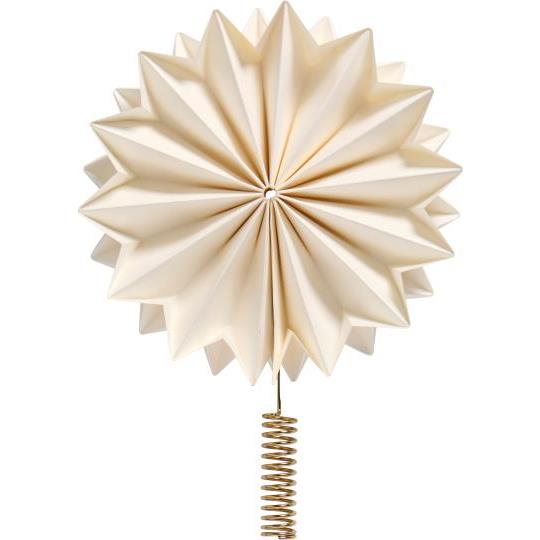 Topstjerne Stella i hvidt papir med messingfarvet holder – enkel og stilfuld juletopstjerne