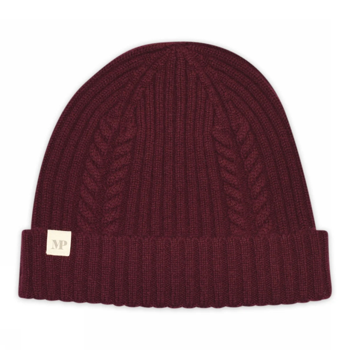 Trondheim Beanie fra MPwoman i Wine Red, kabelstrikket hue i merinould og cashmere – køb hos butikalrum.dk.