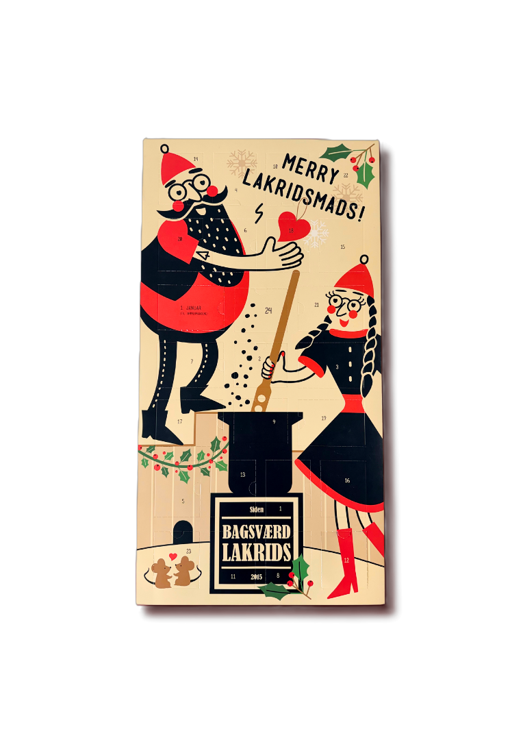 Bagsværd Lakrids Julekalender 2026 med 25 låger med lakrids og chokoladeovertrukne Symfoni-varianter, minimum 610 g – køb hos butikalrum.dk.