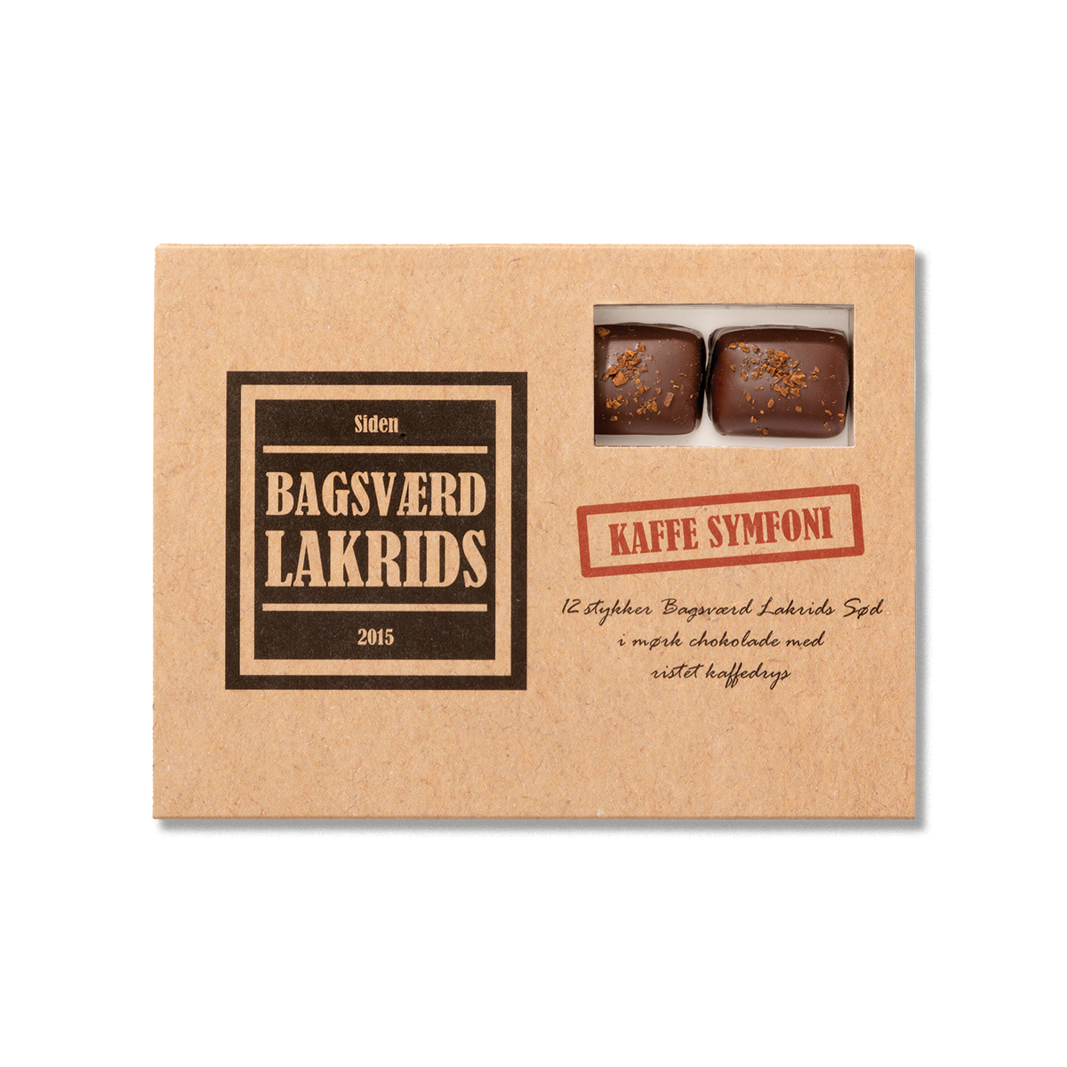 Bagsværd Lakrids Kaffe Symfoni i æske med sød lakrids overtrukket med mørk chokolade og pyntet med ristede kaffebønner – køb hos butikalrum.dk.