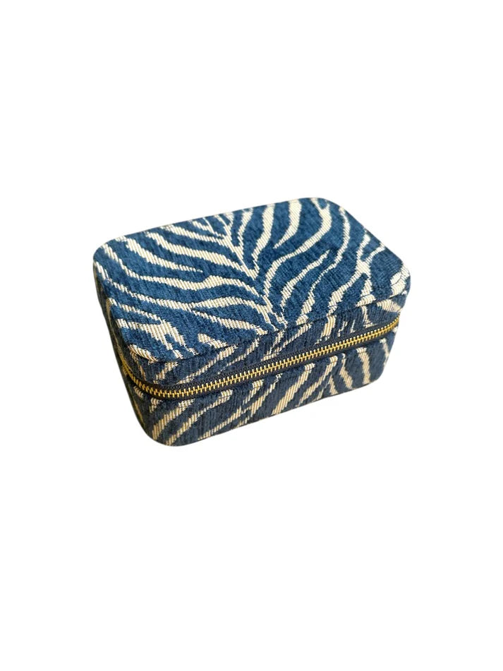 Stort smykkeskrin i bomuld og polyester med aftagelig bakke, design Pico Blue Zebra, 14,5 x 10 cm