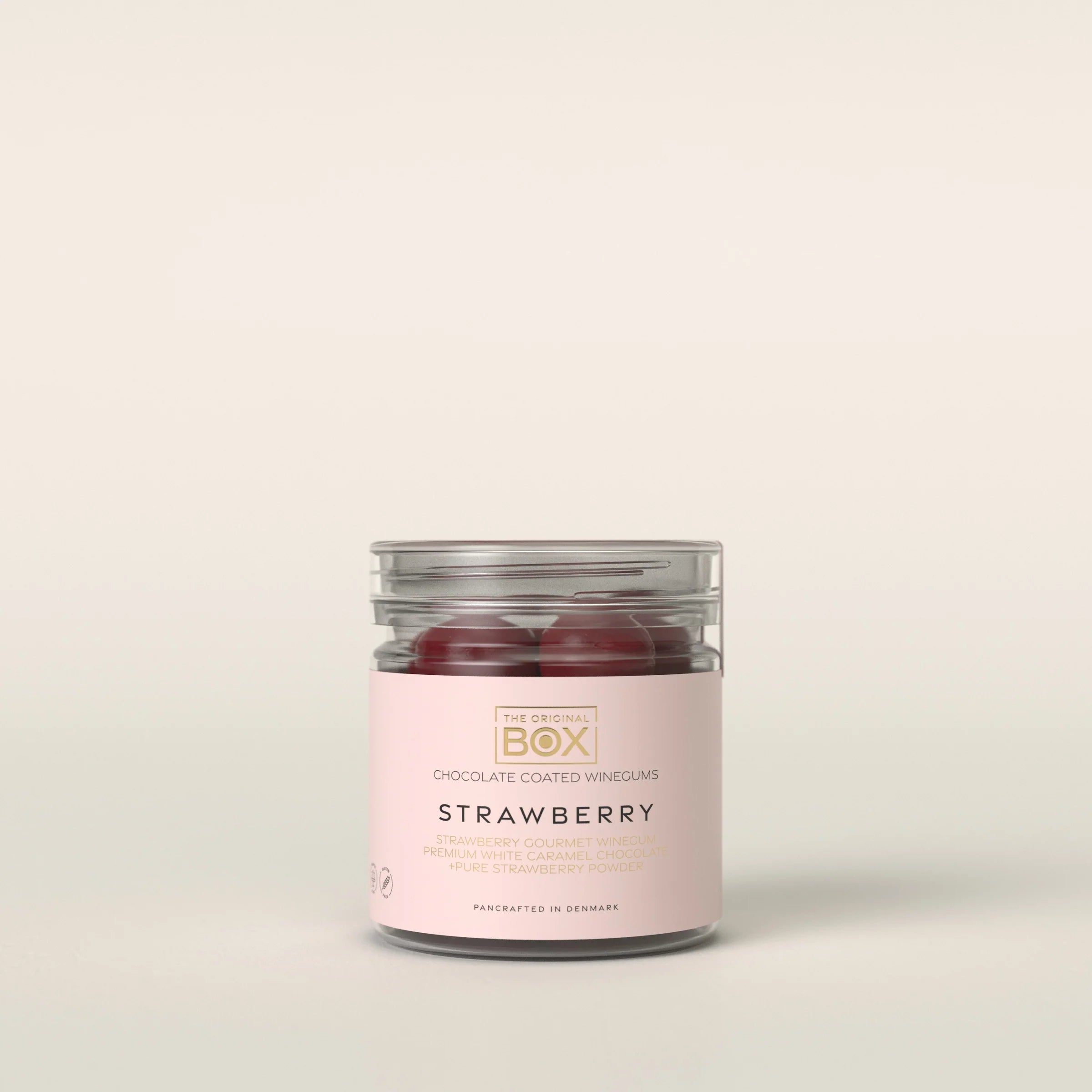Box The Original gourmet vingummi med jordbær og blød chokolade i rundt rør – køb hos Butik Alrum