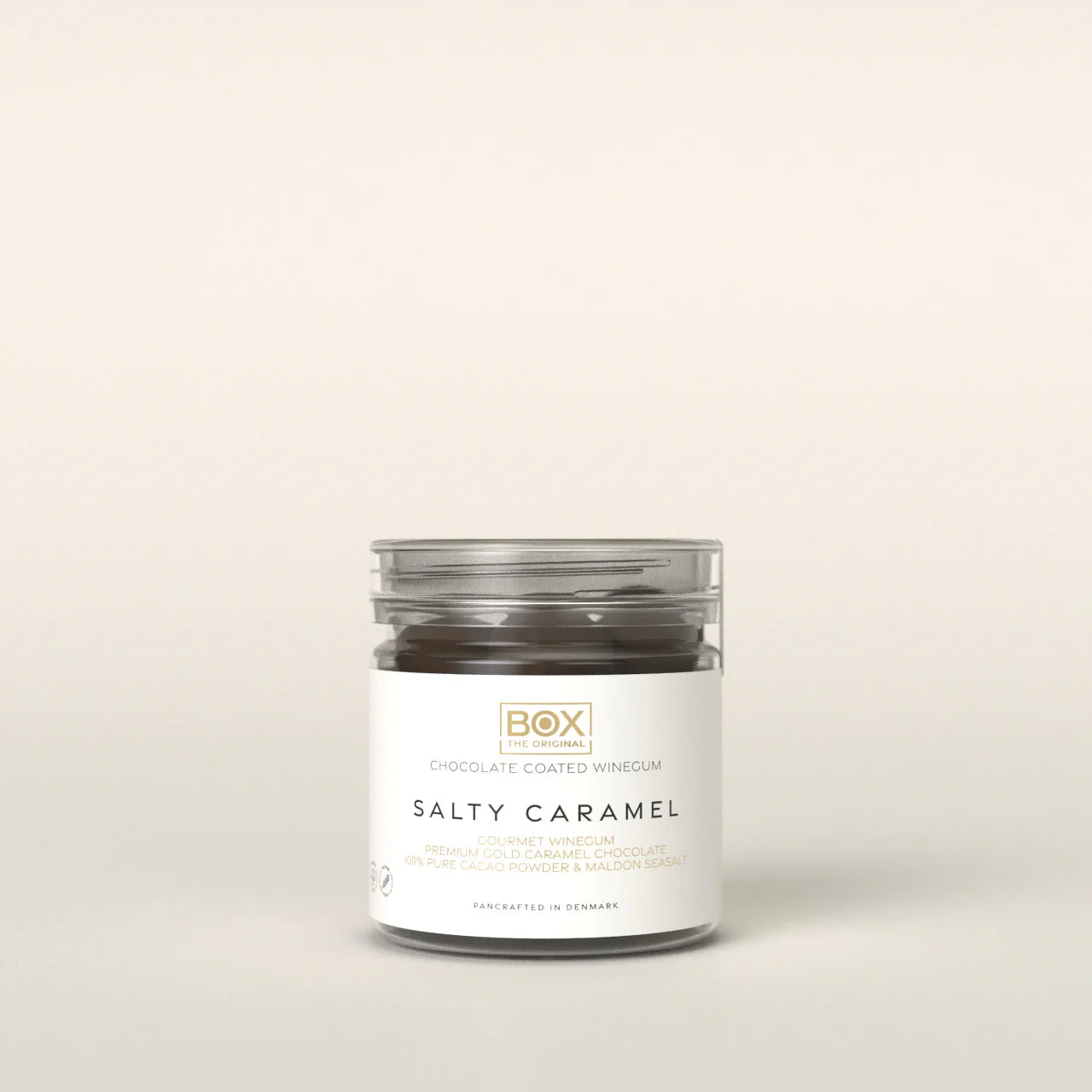 Box The Original gourmet vingummi med salty caramel og blød chokolade i rundt rør – køb hos Butik Alrum