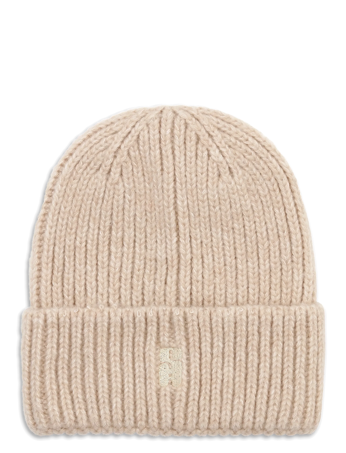 Brenda Beanie fra Sui Ava i Beige, blød chunky ribstrikket hue med uld og genanvendt polyester – køb hos butikalrum.dk.