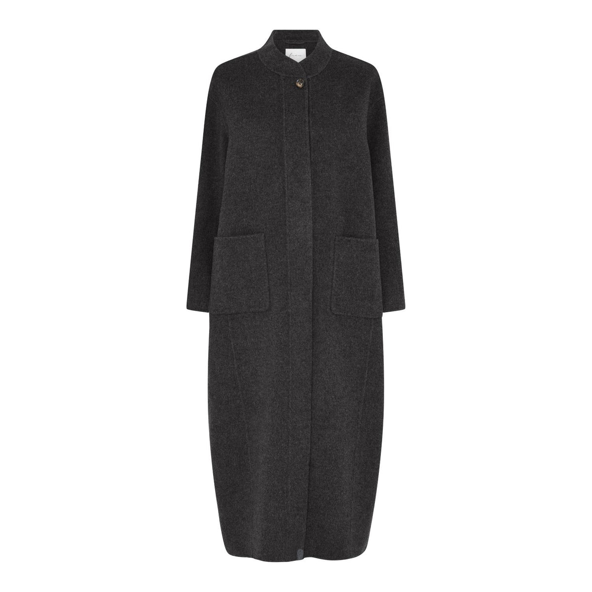 Chicago Pure Wool Long Coat fra FRAU i Chocolate Torte Melange, lang uldfrakke i 100% uld med knappelukning og lommer – køb hos butikalrum.dk.