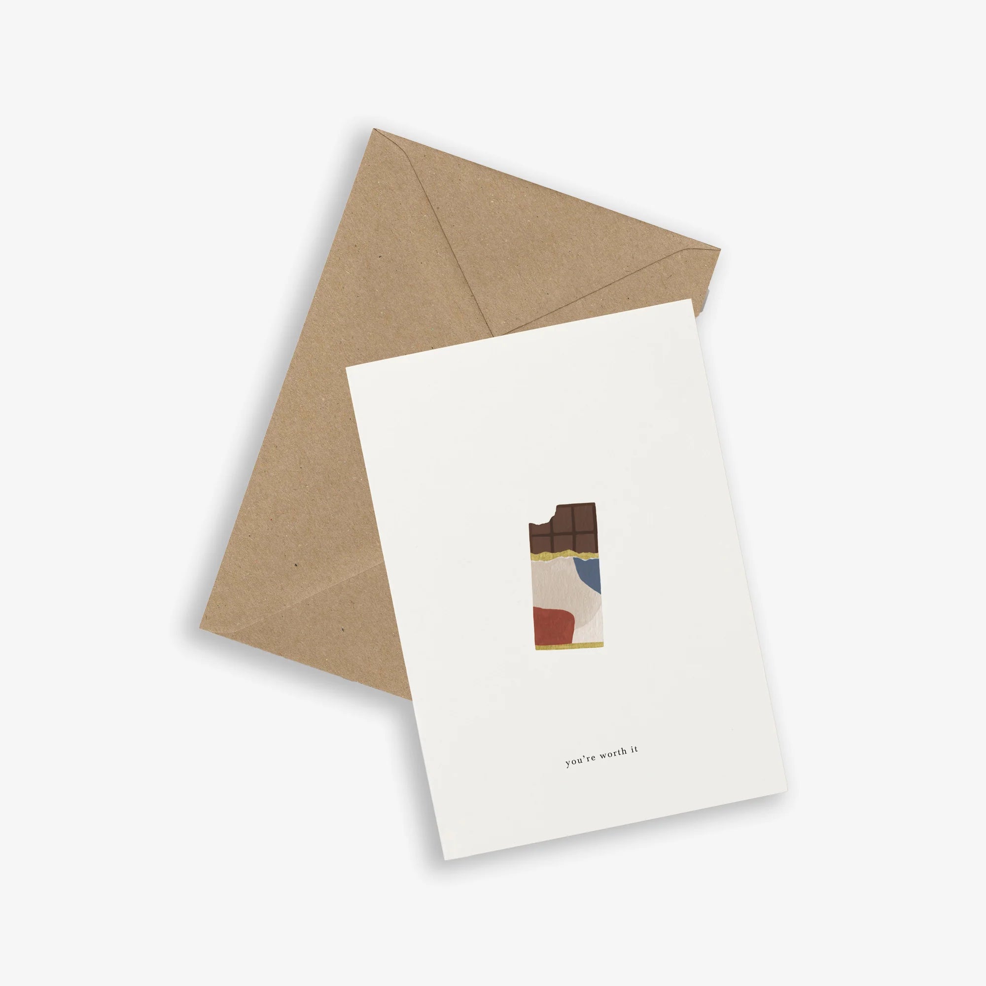 Dobbeltfoldet A6 kort "Chocolate Bar" med teksten "You're worth it" fra Kartotek Copenhagen inkl. C6 kraft-kuvert – køb hos Butik Alrum på Amager eller online på butikalrum.dk.