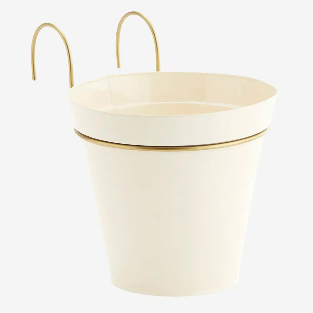 Stor hængende jernplantekrukke i cream og antik messing med ophæng til planter inde og ude