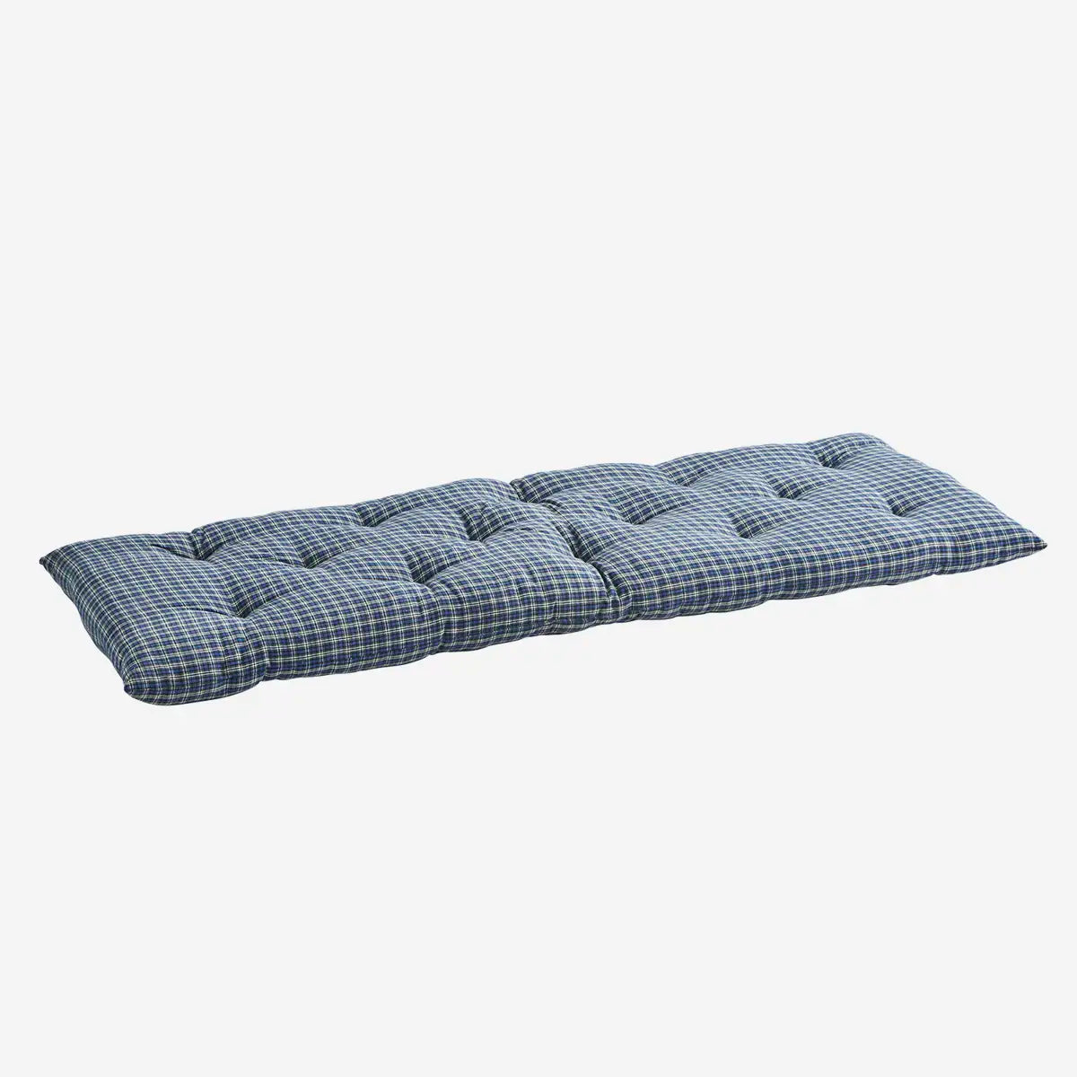 Ternet bomuldsmadras fra Madam Stoltz 45x125 cm i blå, grå og hvid til bænk inde og ude