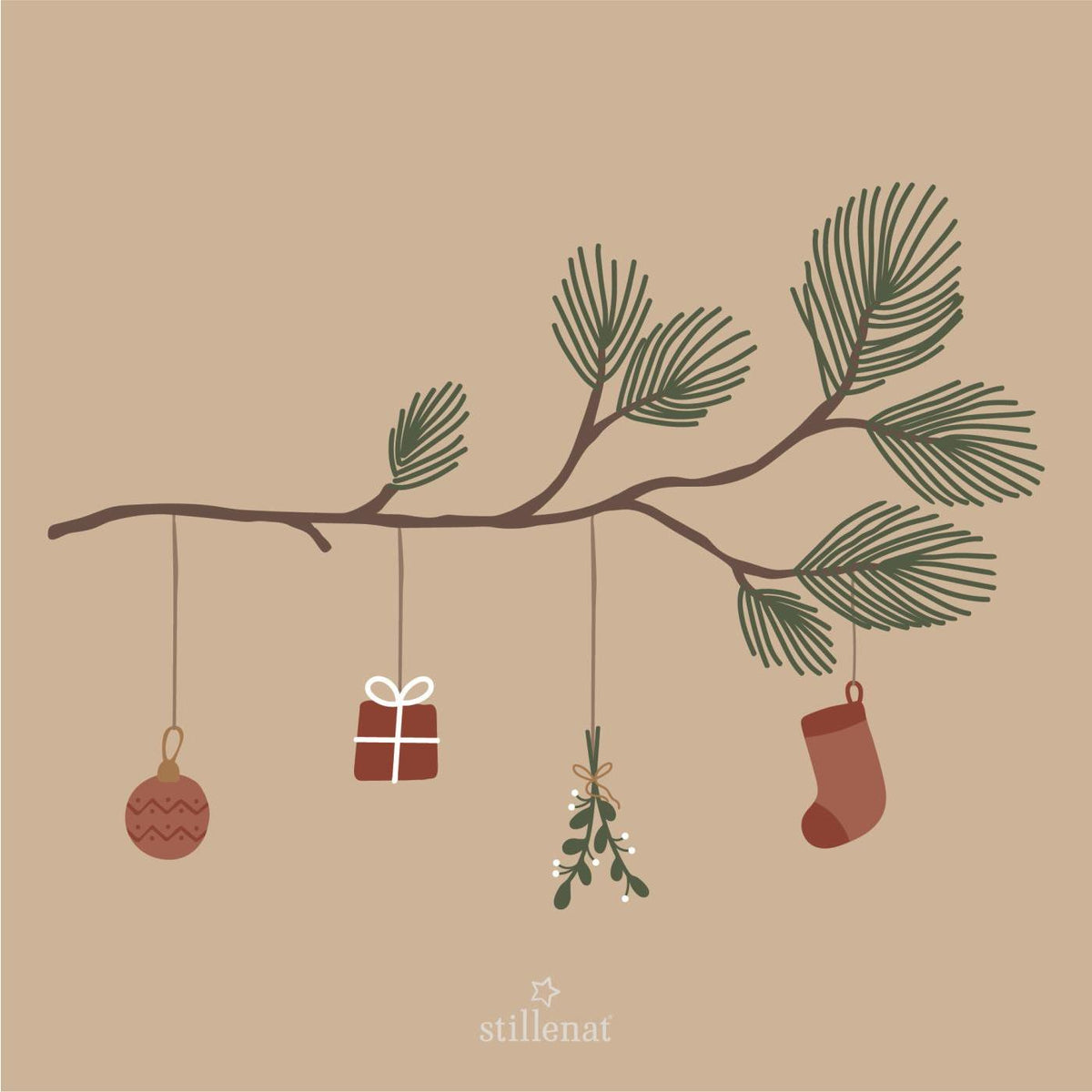 Papirservietter med motiv af en cedergren med julepynt, 16,5 x 16,5 cm, 20 stk. pr. pakke – køb hos butikalrum.dk.