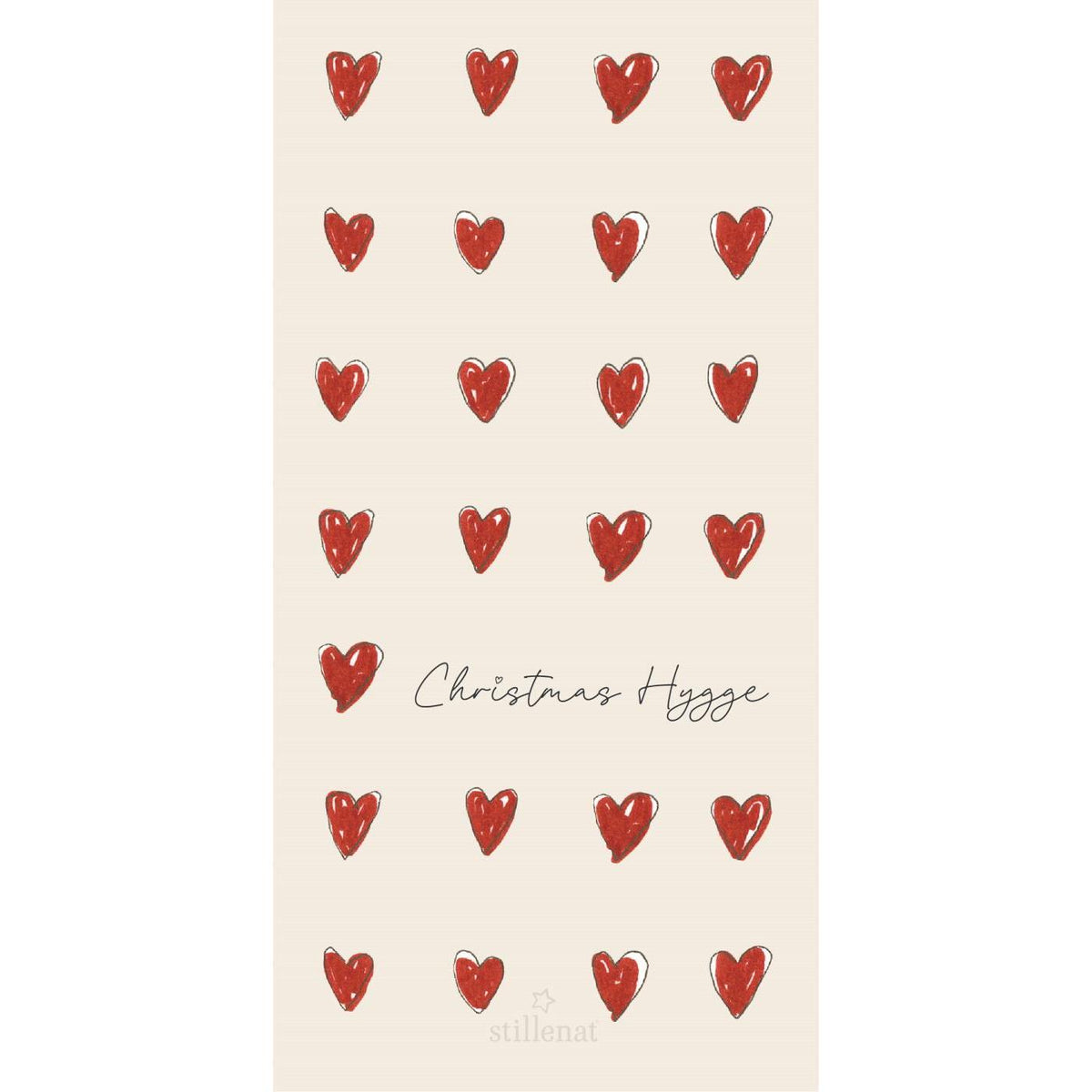 Papirservietter med hjerter og teksten “Christmas Hygge”, 10 x 20 cm, 16 stk. pr. pakke – køb hos butikalrum.dk.