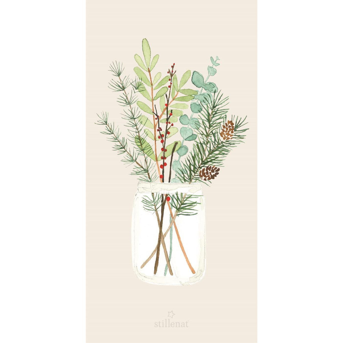 Papirservietter med motiv af en julebuket i en glaskrukke, 10 x 20 cm, 16 stk. pr. pakke – køb hos butikalrum.dk.