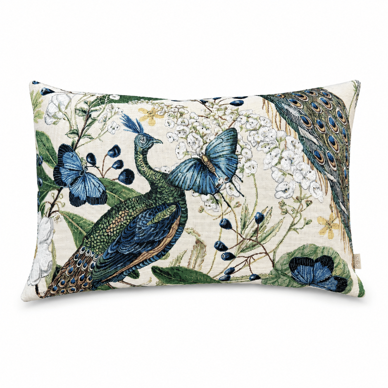 Peacock gobelin pudebetræk 60x40 i beige med påfugle og blomster – køb hos Butik Alrum