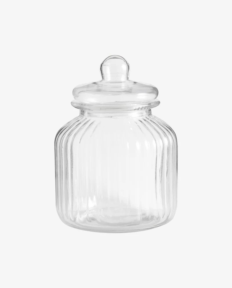 Stor opbevaringskrukke i klart glas med riflet design – køb hos Butik Alrum