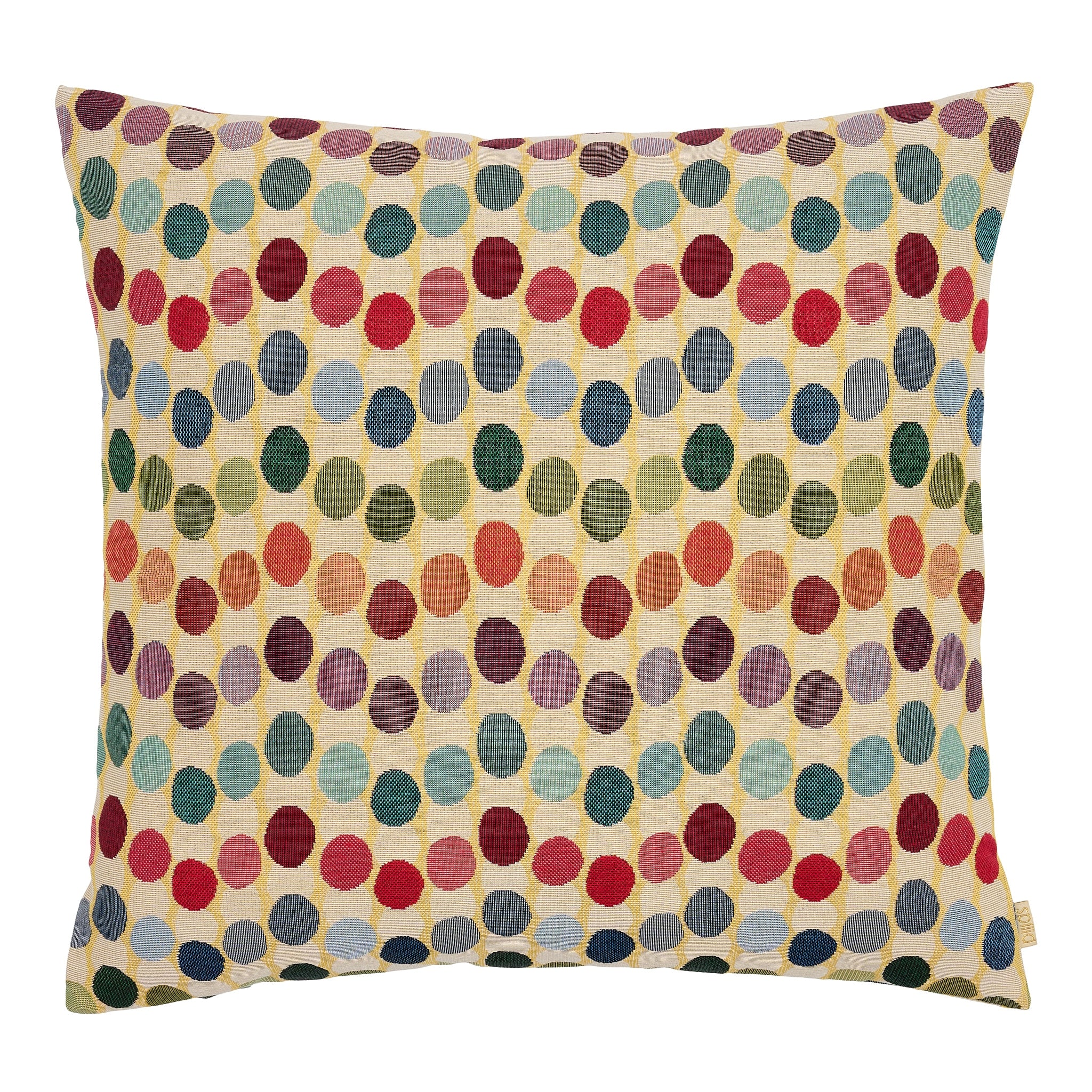 Gobelinpude fra Spliid 50x50 cm med farvede prikker på beige baggrund