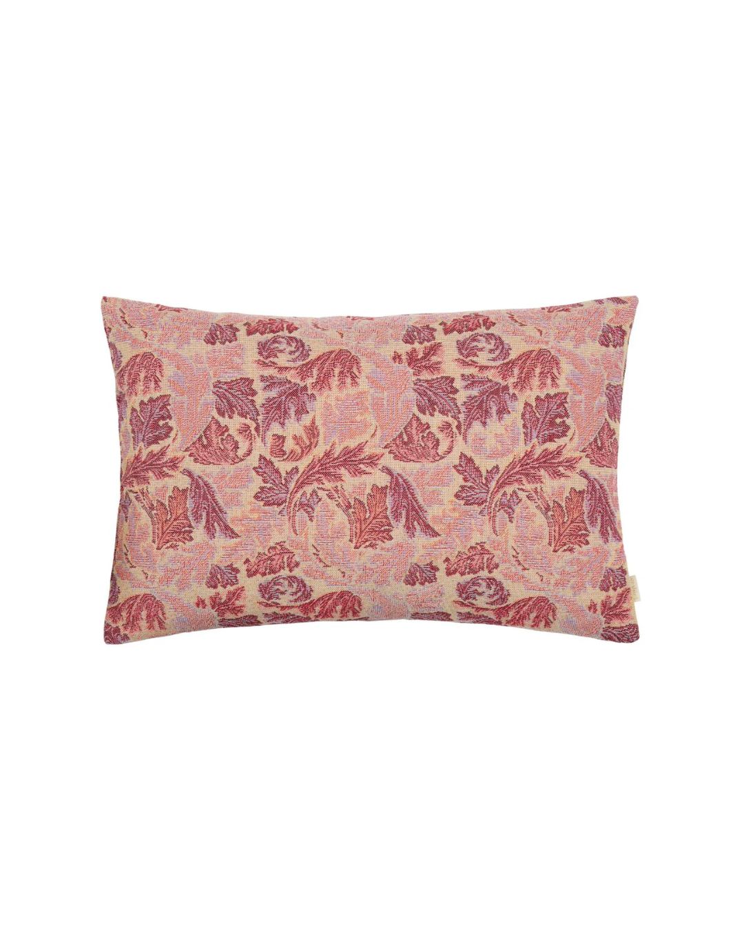 Gobelinpude 50x33 cm med blade i rosa nuancer på beige baggrund, skjult lynlås og monteringspude med andedun, fjer og fiberfyld.