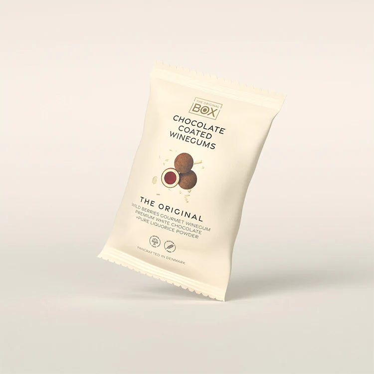 Gelatinefri vingummier med skovbær, hvid chokolade og lakrids fra Box the Original i snack pack 70 gram - køb hos butikalrum.dk