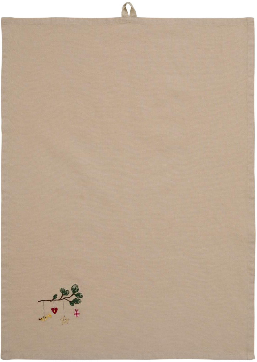 Hørfarvet viskestykke Tradition med broderet fyrregren og hængende julepynt, 50 x 70 cm – køb hos butikalrum.dk.