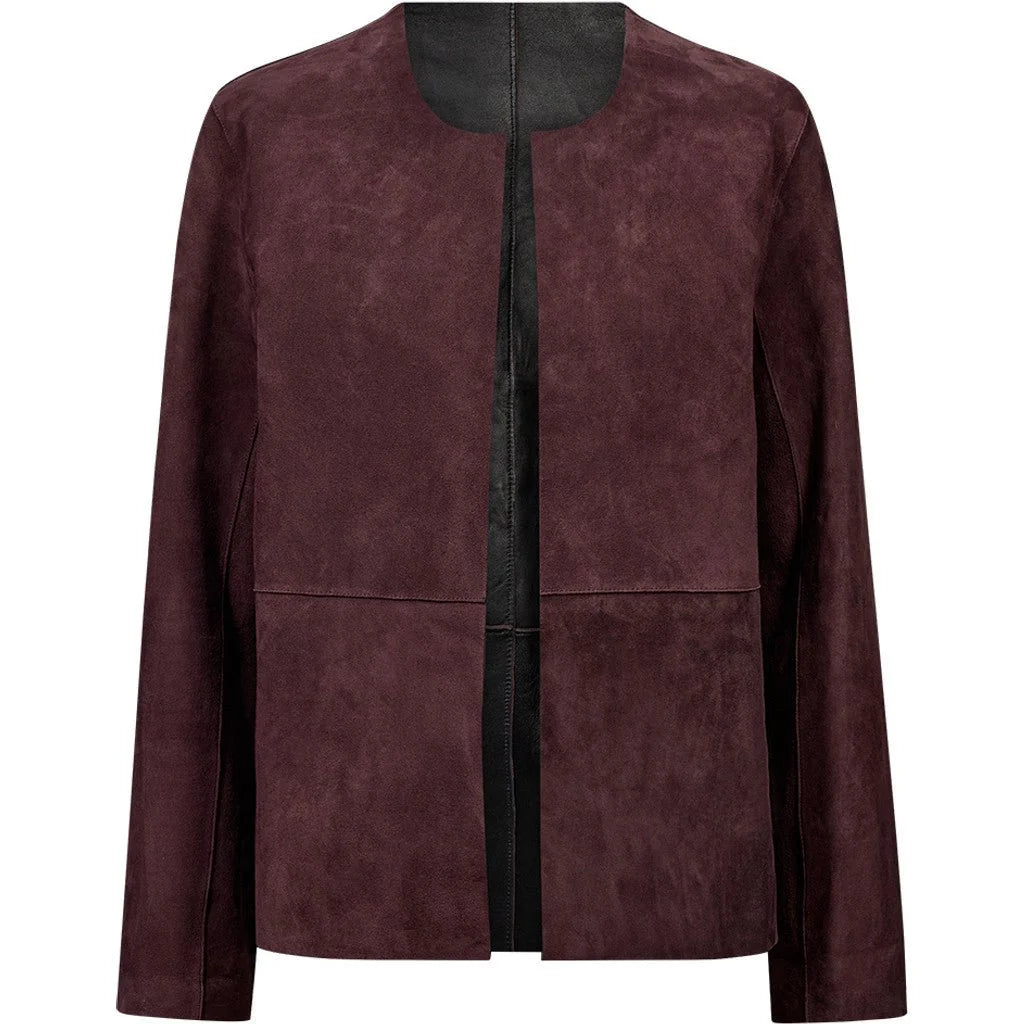 Zita Kort 2in1 Jakke fra Depeche i Deep Plum og Black, vendbar skindjakke i lammeskind og ruskind – køb hos butikalrum.dk.