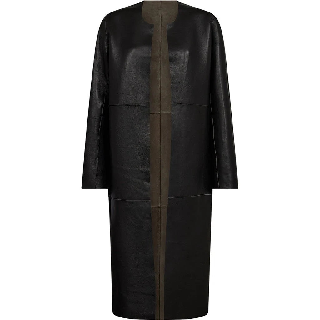 Zita 2-i-1 skindjakke fra Depeche i Khaki / Black Combi, vendbar jakke i 100% lammeskind med ruskind på den ene side og glat skind på den anden – køb hos butikalrum.dk.