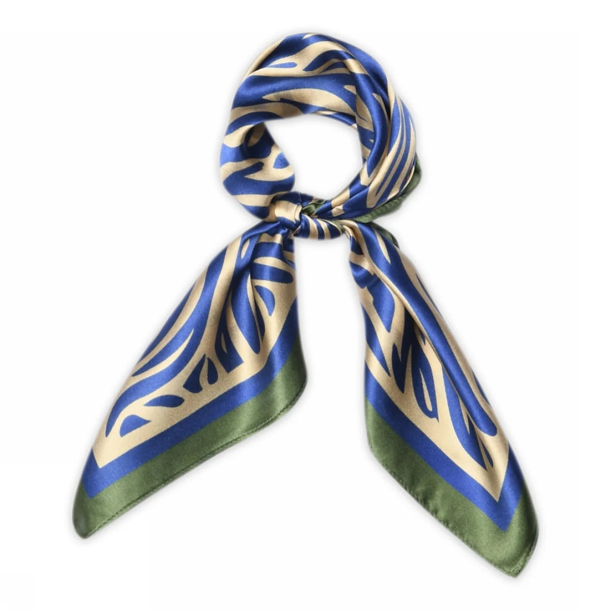 Ziva Small Silk Scarf fra MPwoman i True Blue med bølget mønster og grøn kant, 100% silke – køb hos butikalrum.dk.